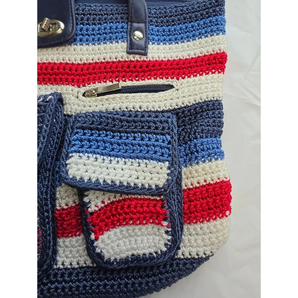Unbranded Crochet Tote Bag Women Large Multicolor Nautical Striped Excellent